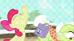 Size: 1024x576 | Tagged: safe, screencap, apple bloom, granny smith, earth pony, pony, family appreciation day, g4, animated, butt touch, female, filly, hoof on butt, mare, out of context, spanking