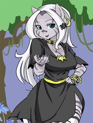 Size: 500x662 | Tagged: safe, artist:shepherd0821, zecora, zebra, anthro, g4, alternate hairstyle, ambiguous facial structure, beckoning, clothes, costume, curvy, dress, everfree forest, hand on hip, lipstick, looking at you, nightmare night, poison joke, stockings, stupid sexy zecora