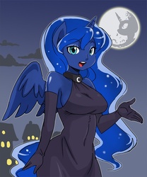 Size: 550x660 | Tagged: safe, artist:shepherd0821, princess luna, alicorn, anthro, g4, ambiguous facial structure, big breasts, breasts, clothes, dress, evening gloves, female, mare in the moon, moon, night, solo