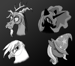 Size: 2234x1982 | Tagged: safe, artist:dawnmistpony, discord, gilda, nightmare moon, trixie, griffon, g4