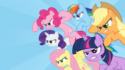 Size: 1920x1080 | Tagged: safe, artist:gratlofatic, applejack, fluttershy, pinkie pie, rainbow dash, rarity, twilight sparkle, earth pony, pegasus, pony, unicorn, a canterlot wedding, g4, disguise, disguised changeling, gritted teeth, mane six, sunburst background, unicorn twilight, vector, wallpaper