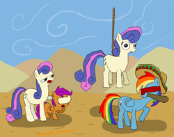 Size: 2751x2166 | Tagged: safe, artist:beaverblast, bon bon, rainbow dash, scootaloo, sweetie drops, g4, blindfold, bon bon is not amused, piñata, trio