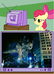 Size: 627x856 | Tagged: safe, apple bloom, earth pony, pony, g4, angry, exploitable meme, godzilla (1998), godzilla (tristar), godzilla 1998, meme, tv meme