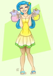 Size: 835x1200 | Tagged: safe, artist:dustbunnypictures, lemon hearts, human, g4, abstract background, bedroom eyes, clothes, female, grin, humanized, jug, juice, lemonade, sandals, skirt, smiling, solo