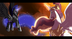 Size: 1300x700 | Tagged: safe, artist:cookiecutter60, nightmare moon, princess celestia, princess luna, alicorn, pony, g4, armor, confrontation, darkhorse knight, facial hair, flying, magic, moustache, neckbeard, no more ponies at source, prince artemis, prince solaris, royal brothers, rule 63, sideburns
