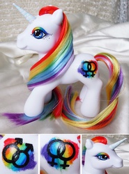 Size: 755x1023 | Tagged: safe, artist:mlpmeadows, oc, oc only, pony, unicorn, g3, 2010, commission, commissioner:yuki-kiba-chan, customized toy, female symbol, gay pride, horn, irl, male symbol, multicolored hair, photo, pride, rainbow eyeshadow, rainbow hair