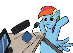 Size: 2200x1600 | Tagged: safe, artist:ocarina0ftimelord, rainbow dash, pegasus, pony, g4, computer, computer mouse, female, frown, glare, keyboard, mare, mousepad, simple background, solo, spread wings, table, table flip, transparent background, unamused, wings