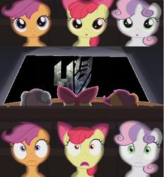 Size: 989x1064 | Tagged: safe, apple bloom, scootaloo, sweetie belle, g4, bayformers, cutie mark crusaders, exploitable meme, meme, michael bay, theater meme, transformers