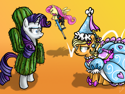 Size: 1024x768 | Tagged: dead source, safe, artist:myminiatureequine, applejack, fluttershy, rarity, g4, look before you sleep, cactus, cactus costume, clothes, context is for the weak, costume, dress, froufrou glittery lacy outfit, hennin, pogo stick, princess, princess applejack, trio