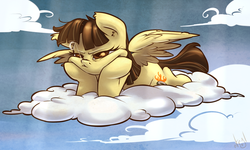 Size: 1000x600 | Tagged: safe, artist:atryl, wild fire, pegasus, pony, g4, bored, cloud, cloudy, female, mare, on a cloud, solo, unamused, wild fire is not amused