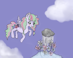Size: 555x444 | Tagged: safe, artist:maddu-chan, blossomforth, pony, g4, alternate hairstyle, cloud, cloudy, female, flower, rain, solo