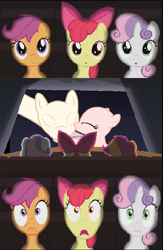 Size: 645x987 | Tagged: safe, apple bloom, scootaloo, sweetie belle, g4, exploitable meme, kissing, meme, slendermane, slenderpony, sweetie bald, theater meme