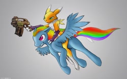 Size: 1280x800 | Tagged: safe, artist:darkdoomer, rainbow dash, pegasus, pony, renamon, g4, crossover, digimon, female, flying, gray background, gun, mare, riding, riding a pony, simple background, smiling