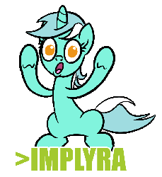 Size: 850x924 | Tagged: safe, artist:derkrazykraut, lyra heartstrings, pony, unicorn, g4, >implying, air quotes, animated, female, greentext, implying, implyra, mare, simple background, solo, text, transparent background