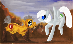 Size: 2000x1200 | Tagged: safe, artist:valkyrieskies, cyborg, crossover, e.v.e., pixar, ponified, wall-e