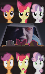 Size: 800x1290 | Tagged: safe, apple bloom, scootaloo, sweetie belle, g4, exploitable meme, kamen rider, kamen rider shin, meme, shin kamen rider prologue, theater meme