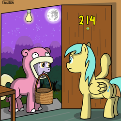 Size: 800x800 | Tagged: safe, artist:flaxative, dinky hooves, sunshower raindrops, pegasus, pony, unicorn, g4, animal costume, clothes, costume, halloween, halloween costume, moon, nightmare night, pokémon, pokémon costume, slowpoke costume, trick or treat