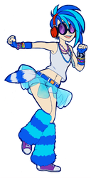 Size: 900x1763 | Tagged: safe, artist:jun-k-tastic, dj pon-3, vinyl scratch, human, g4, belly button, clothes, converse, daisy dukes, dancing, female, headphones, humanized, leg warmers, midriff, rave, shoes, solo, tail, wristband