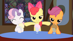 Size: 960x540 | Tagged: safe, apple bloom, scootaloo, sweetie belle, g4, bedroom eyes, milkshake