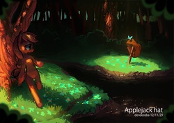 Size: 1001x709 | Tagged: safe, artist:derekireba, applejack, butterfly, earth pony, pony, g4, bipedal, clearing, dark, female, flower, forest, glowing, hat, hat off, leaning back, looking at something, mare, outdoors, pixiv, smiling, solo, tree, under the tree, water