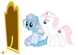 Size: 10095x7131 | Tagged: safe, artist:jaybugjimmies, nurse redheart, screw loose, earth pony, pony, g4, absurd resolution, brushie, duo, duo female, female, hairbrush, mare, mirror, sane, simple background, transparent background