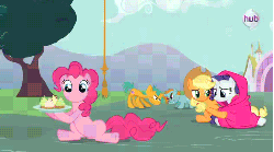 Size: 480x268 | Tagged: safe, screencap, applejack, pinkie pie, rainbow dash, rarity, snails, snips, spike, twilight sparkle, earth pony, pegasus, pony, unicorn, g4, magic duel, animated, ball, bouncing, colt, conjoined by horn, crying, cupcake, female, flying, giant wing, horn, hub logo, magic, male, mane seven, mare, no mouth, no nose, ocular gushers, spall