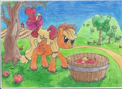 Size: 2334x1696 | Tagged: safe, artist:weedgoku1488, apple bloom, applejack, earth pony, pony, g4, apple, female, filly, food, mare, traditional art, tree