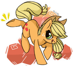 Size: 610x560 | Tagged: dead source, safe, artist:scervo, applejack, earth pony, pony, g4, bucking, cutie mark background, female, mare, signature, simple background, solo, tongue out, transparent background