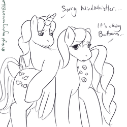 Size: 500x500 | Tagged: safe, artist:midnightmysterymeow, buttons (g1), wind whistler, pegasus, pony, unicorn, g1, 30 minute art challenge, bedroom eyes, duo, female, monochrome, sad