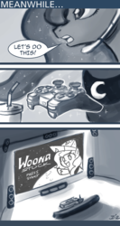 Size: 600x1128 | Tagged: safe, artist:johnjoseco, princess luna, alicorn, pony, ask princess molestia, gamer luna, moonstuck, g4, cartographer's cap, comic, controller, drink, dualshock controller, hat, monochrome, playstation 3, projector, stereo, straw, tumblr, woona