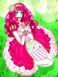 Size: 1200x1600 | Tagged: safe, artist:lexy-06, pinkie pie, human, g4, clothes, dress, female, grass, humanized, sitting, solo