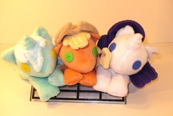 Size: 2148x1440 | Tagged: safe, artist:ayashiino, applejack, lyra heartstrings, rarity, g4, beanie (plushie), irl, photo, plushie