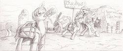 Size: 1024x429 | Tagged: safe, artist:mistermech, oc, oc only, fallout equestria, best laid plans, magic, monochrome, telekinesis, traditional art