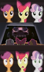 Size: 800x1290 | Tagged: safe, apple bloom, scootaloo, sweetie belle, g4, cutie mark crusaders, exploitable meme, meme, theater meme, there will come soft rains