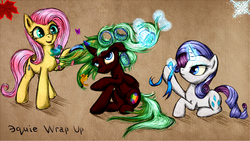 Size: 1302x733 | Tagged: safe, artist:equie, fluttershy, rarity, oc, oc:equie, bird, butterfly, g4, comb, hair curlers, magic, ribbon