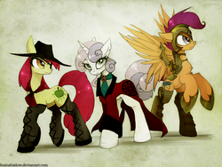 Size: 900x677 | Tagged: safe, artist:foxinshadow, apple bloom, scootaloo, sweetie belle, g4, adult, armor, badass, boots, chest fluff, clothes, cowboy hat, cutie mark crusaders, eyepatch, hat, hoof boots, older, suit