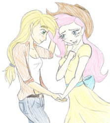 Size: 981x1100 | Tagged: safe, artist:skechygrl, applejack, fluttershy, human, g4, accessory swap, blushing, clothes, dress, female, humanized, lesbian, ship:appleshy, shipping, traditional art