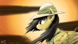 Size: 1600x900 | Tagged: safe, artist:firenze, daring do, pegasus, pony, g4, female, hat, mare, profile, solo, wind, windswept mane