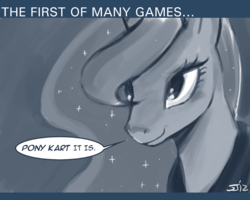 Size: 750x601 | Tagged: safe, artist:johnjoseco, princess luna, alicorn, pony, ask princess molestia, gamer luna, g4, female, mario kart, monochrome, solo, tumblr