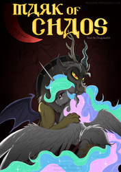 Size: 850x1202 | Tagged: safe, artist:stepandy, discord, princess celestia, comic:mark of chaos, g4, bedroom eyes, comic, cover, cyrillic, dark, embrace, female, glowing, lidded eyes, long mane, love, male, ship:dislestia, shipping, straight