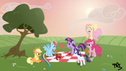 Size: 2000x1125 | Tagged: safe, artist:machstyle, applejack, fluttershy, pinkie pie, rainbow dash, rarity, scootaloo, twilight sparkle, earth pony, pegasus, pony, unicorn, g4, chicken meat, food, fried chicken, glowing, glowing horn, horn, kfc, magic, meat, picnic, ponies eating meat, scootabuse, scootachicken, telekinesis, unicorn twilight