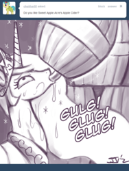 Size: 600x800 | Tagged: safe, artist:johnjoseco, princess celestia, alicorn, pony, ask princess molestia, princess molestia, g4, ask, barrel, chugging, cider, comic, drinking, swallowing, tumblr