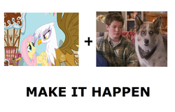 Size: 1146x738 | Tagged: safe, fluttershy, gilda, griffon, g4, 100 deeds of eddie mcdowd, all caps, eddie mcdowd, exploitable meme, jimmy taylor, make it happen, meme, meta