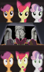 Size: 800x1290 | Tagged: safe, apple bloom, scootaloo, sweetie belle, g4, doctor who, exploitable meme, meme, theater meme, weeping angel