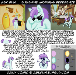 Size: 922x908 | Tagged: safe, oc, oc only, oc:sunshine morning, ask pun, coffee, narcolepsy, reference sheet, sunglasses