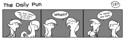 Size: 1280x404 | Tagged: safe, artist:tetrapony, derpy hooves, oc, oc:pun, pegasus, pony, comic:the daily derp, g4, comic, duo, female, mare, monochrome, the daily pun
