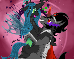 Size: 900x720 | Tagged: dead source, safe, artist:intelligent-zombie, king sombra, queen chrysalis, g4, female, heart, male, ship:chrysombra, shipping, straight