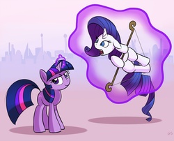 Size: 1000x806 | Tagged: safe, artist:gsphere, rarity, twilight sparkle, g4, archery, bow (weapon), bow and arrow, magic, wat