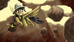Size: 1920x1080 | Tagged: safe, artist:feather-ponyart, daring do, pony, g4, avalanche, bag, female, flying, gold, grin, solo, spread wings