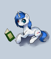 Size: 992x1133 | Tagged: safe, artist:ghst-qn, artist:schasti, oc, oc only, pony, unicorn, book, heterochromia, looking at you, male, prone, simple background, smiling, solo, stallion